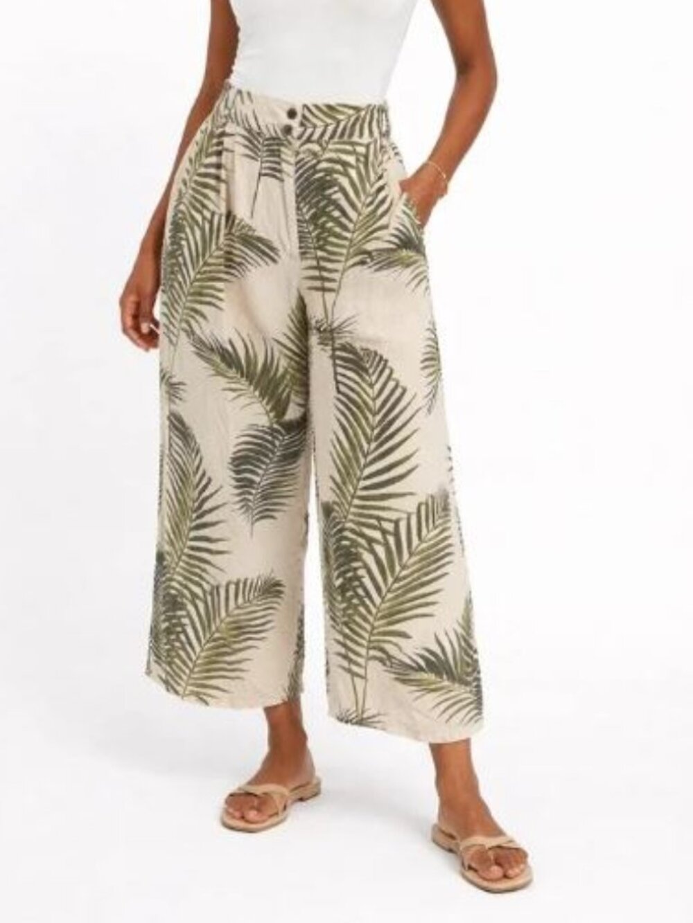 H&M Beige Green Tropical Palm Leaf Linen Blend Wide Leg Culotte Pants 12 102-09